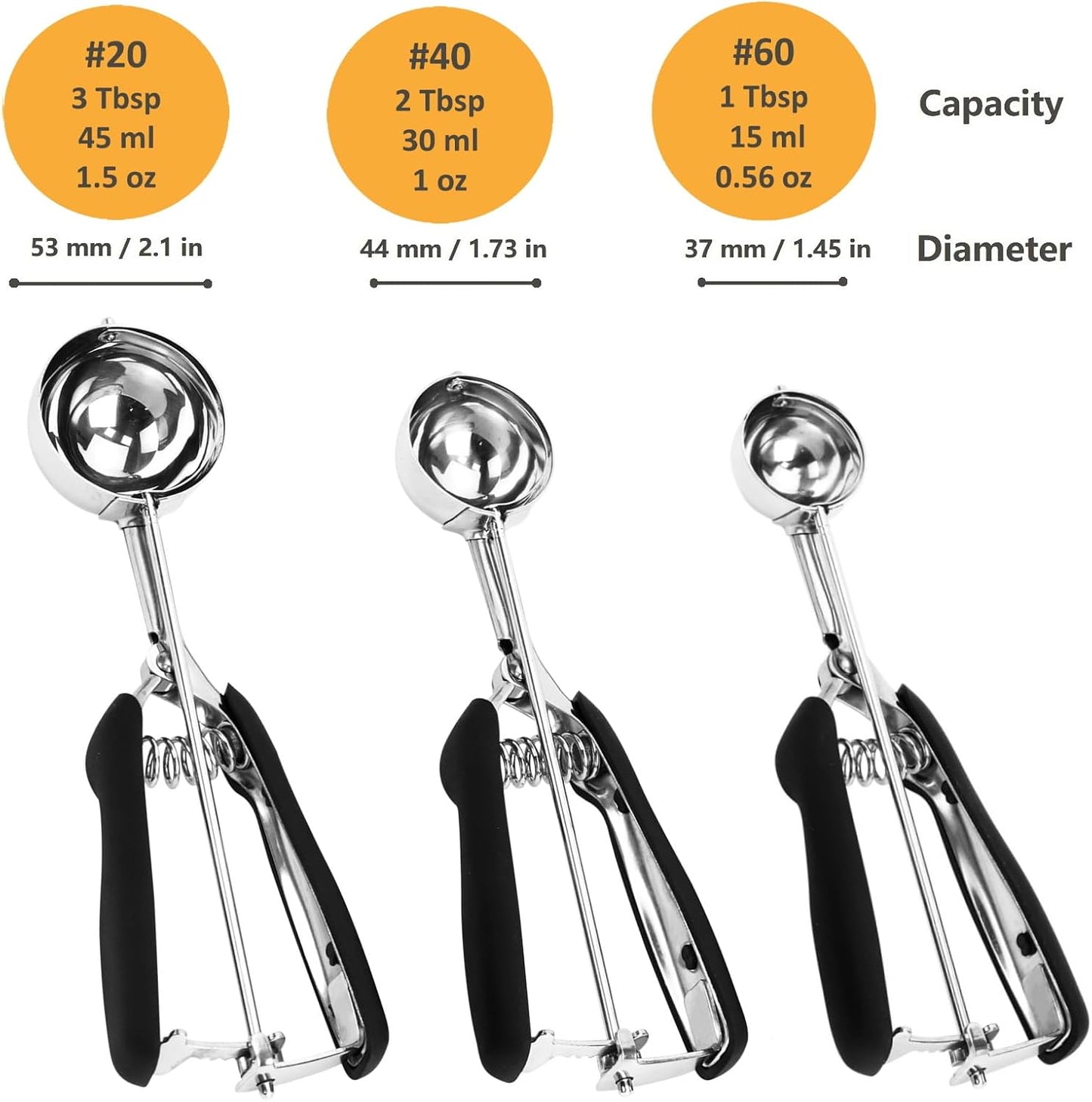 3-Pack Professional Stainless Steel Ice Cream Scoop Set ā #20 / #40 / #60 ā Soft Grip Handle with Trigger Release ā Multipurpose Portion Scoopers