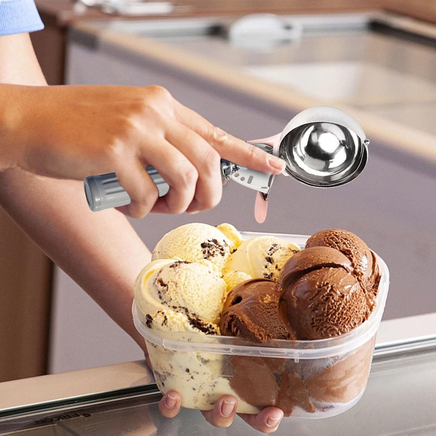2-Piece Stainless Steel Ice Cream Scoop & Spade Set – Spring Release Round Scoop + Wide Shovel with Anti-Slip Handles