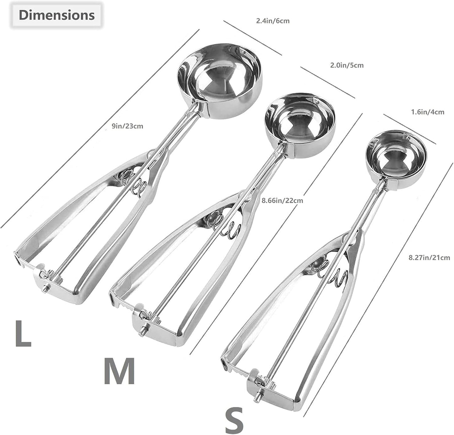 3-Piece Stainless Steel Ice Cream Scoop Set – Spring-Loaded Release, L/M/S Sizes for Multi-Purpose Dessert Portioning