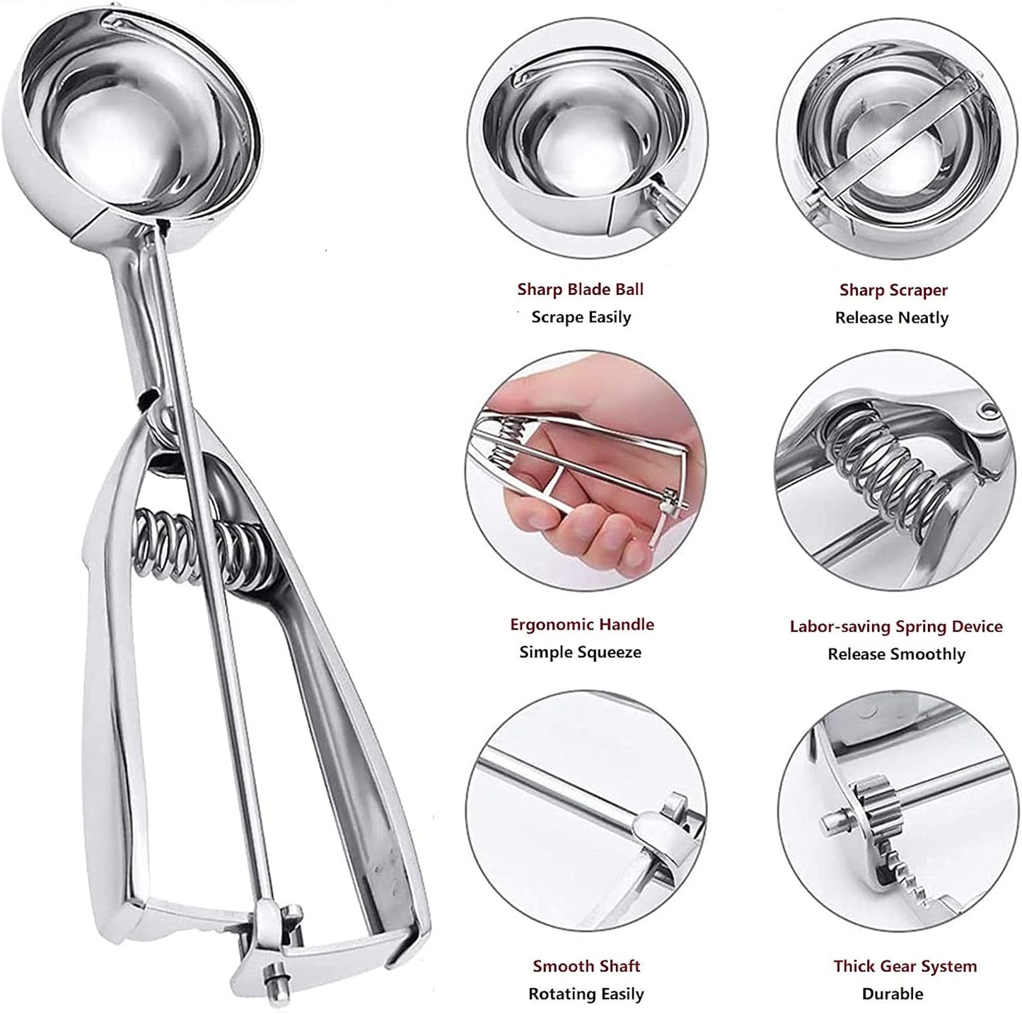 3-Piece Stainless Steel Ice Cream Scoop Set – Spring-Loaded Release, L/M/S Sizes for Multi-Purpose Dessert Portioning