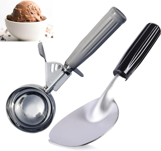 2-Piece Stainless Steel Ice Cream Scoop & Spade Set – Spring Release Round Scoop + Wide Shovel with Anti-Slip Handles