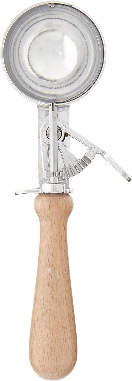 Vintage Wooden Handle Ice Cream Scoop – 9 Inch Stainless Steel Spring-Loaded Portioner with Gear Release – Ideal for Frozen Dessert, Fruit Balls, Cookie Dough