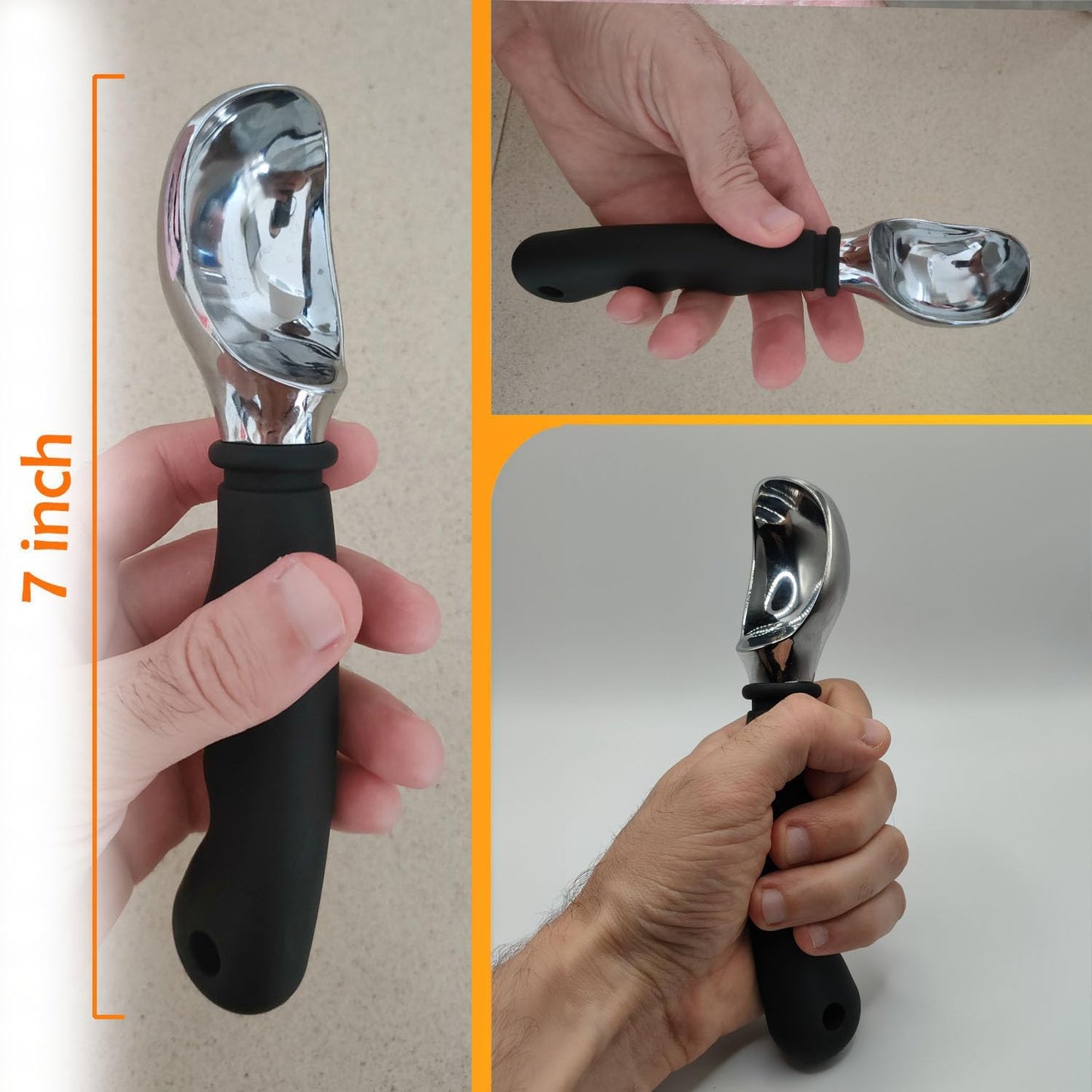 7-Inch Ice Cream Scoop with Ergonomic Anti-Slip Handle – Solid Aluminum Alloy Head – Spring-Free Design – Heavy Duty for Hard Frozen Desserts