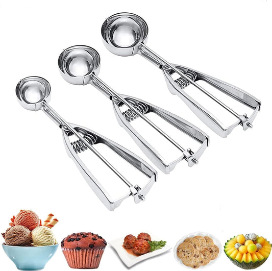 3-Piece Stainless Steel Ice Cream Scoop Set – Spring-Loaded Release, L/M/S Sizes for Multi-Purpose Dessert Portioning